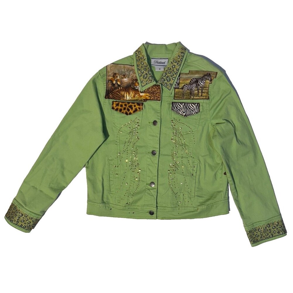 Distinct Green Tiger Zebra Denim Jean Jacket - M Rhinestones Bling Safari Zoo